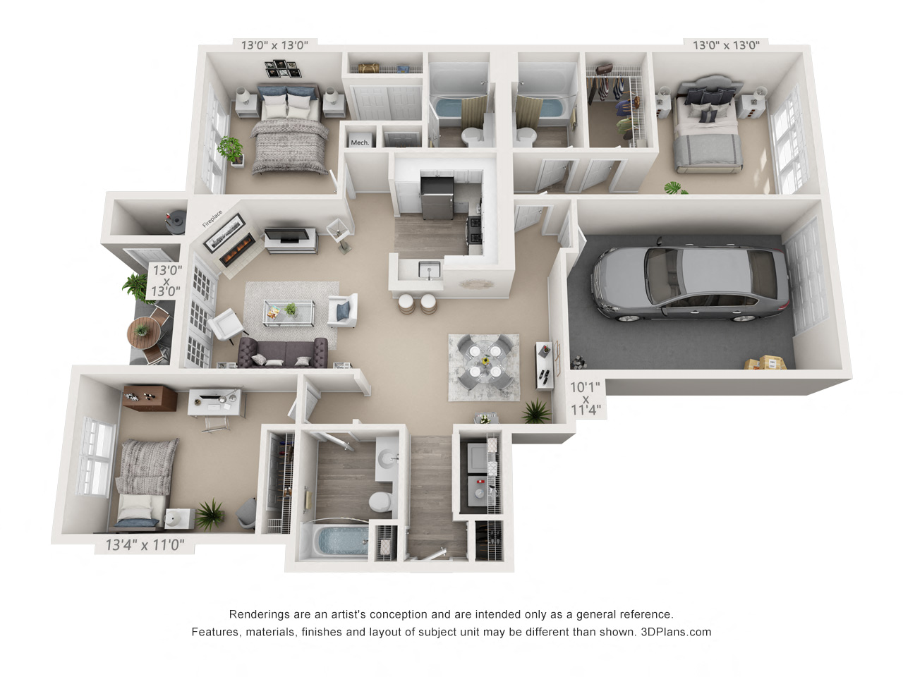 Floor plan for 3 beds, 3 baths, 1400 sqft